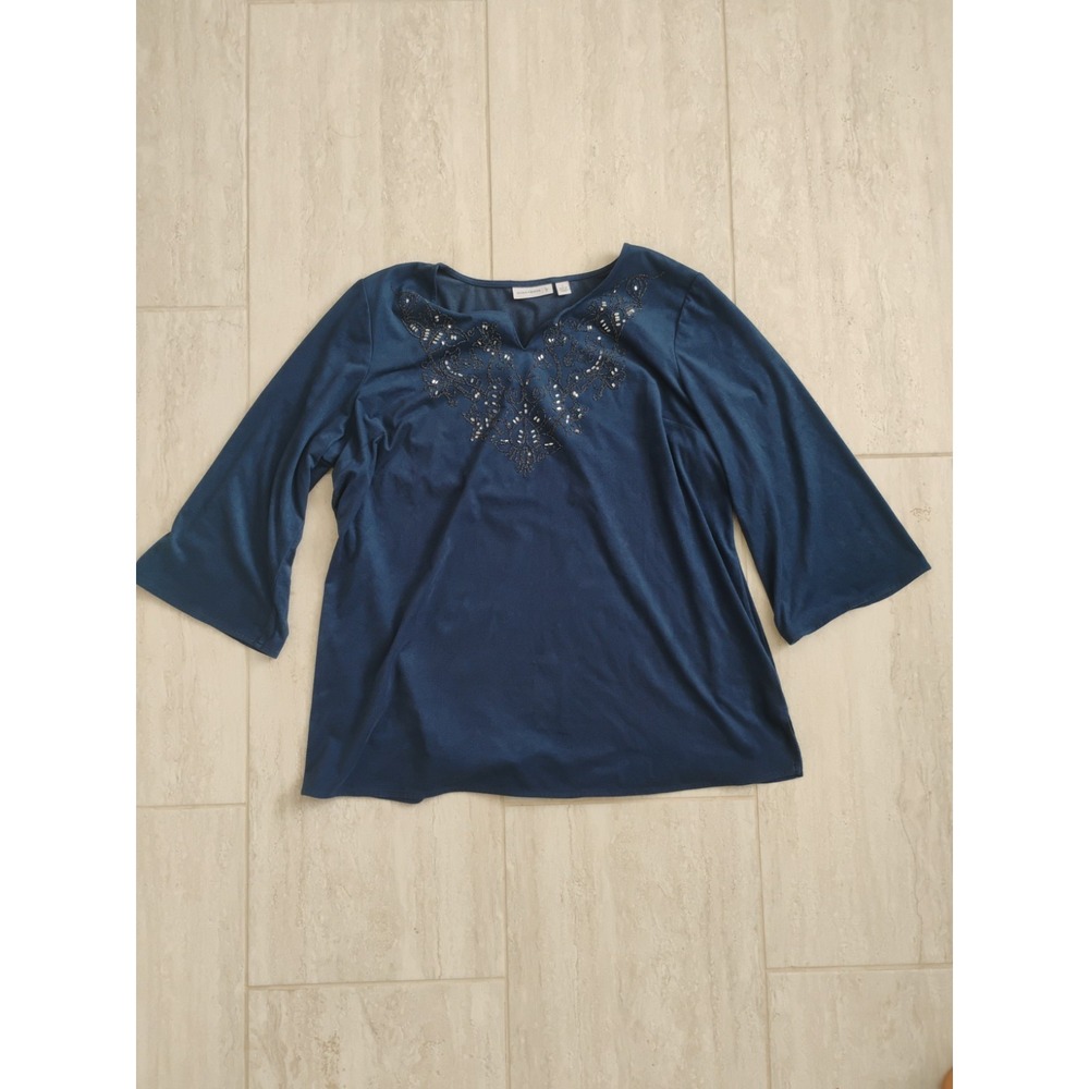 Susan Graver Womens Large Navy Blue Beaded Sequin Knit Top Blouse 3/4 Sleeve